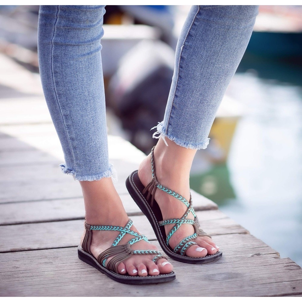 NEW‎ Plaka Turquoise Flat Comfort Boho Flat Sandals Hand Woven Women's 8 Beach